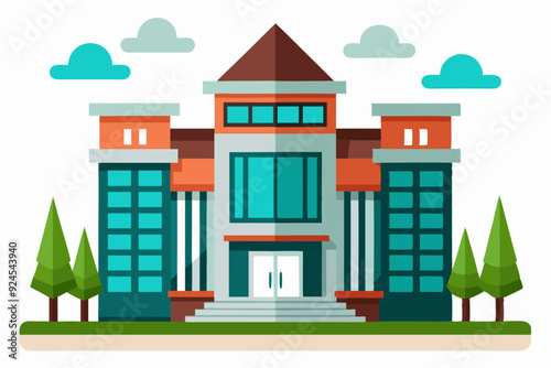 Modern Building with Green Trees and Clouds