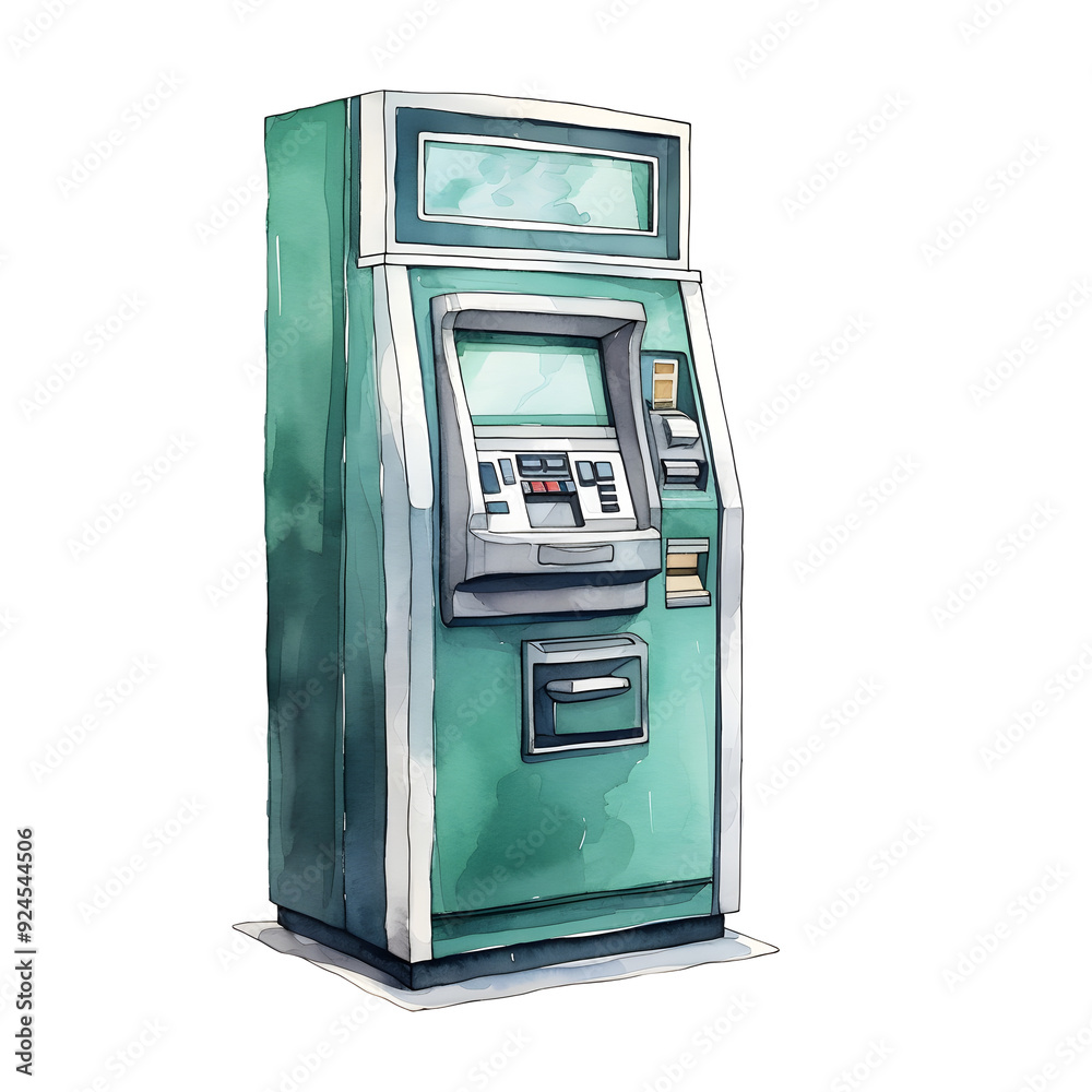 Vibrant Watercolor Painting of a Modern and Functional ATM Machine Vibrant Watercolor Painting of a Modern and Functional ATM Machine