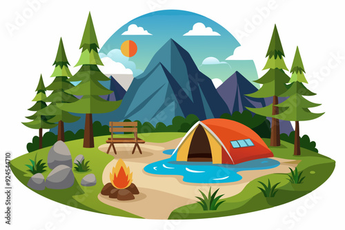 Camping Scene with Tent, Fire, and Mountains in the Background