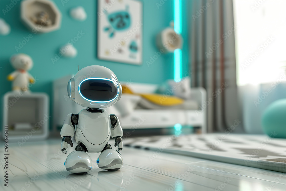 Futuristic robot playmate in a vibrant children's room. It's illuminated eyes and curious pose make it seem almost alive, perfect for engaging with children. Futuristic robot playmate in a vibrant children's room. It's illuminated eyes and curious pose make it seem almost alive, perfect for engaging with children.