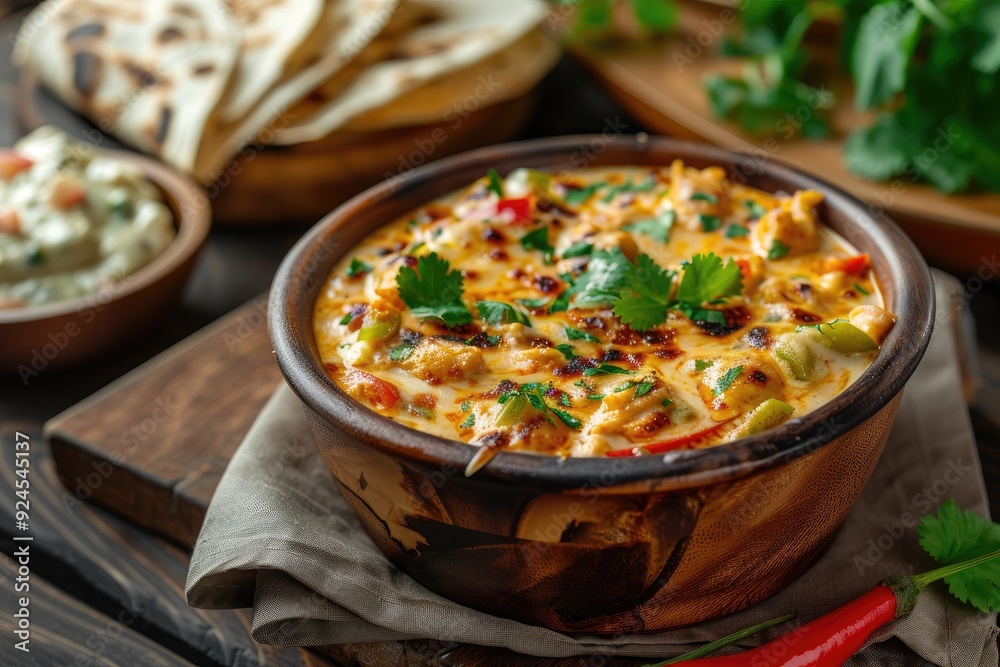 A delicious bowl of creamy dish garnished with herbs, served with flatbread and side dip. A delicious bowl of creamy dish garnished with herbs, served with flatbread and side dip.
