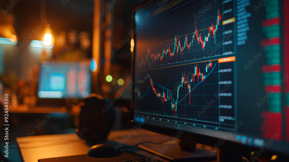 A focused, nighttime scene of a computer monitor displaying complex financial charts and graphs, representing stock market data. The blurred background includes additional computer monitors. A focused, nighttime scene of a computer monitor displaying complex financial charts and graphs, representing stock market data. The blurred background includes additional computer monitors.