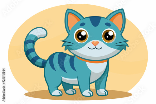 Cute Cartoon Blue Striped Cat with Orange Collar