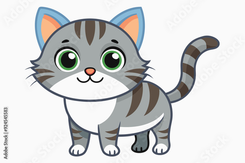A Cartoon Illustration of a Cute Gray Tabby Cat with Big Green Eyes