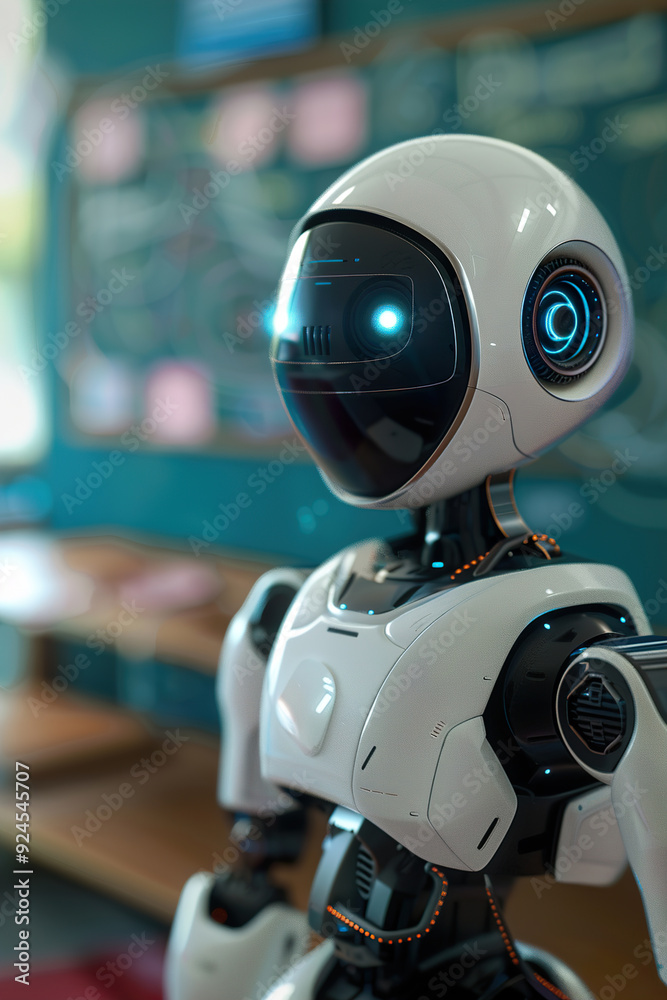 Robotic teacher in classroom, against chalkboard, highlighting its role in modern educational environment. Perfect for themes of futuristic education, technology integration in schools.