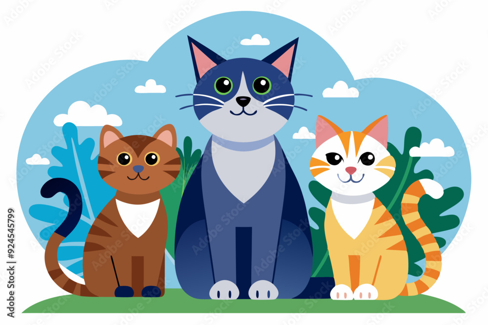 Three Cartoon Cats Sitting in a Grassy Meadow Three Cartoon Cats Sitting in a Grassy Meadow