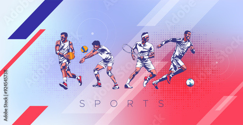 sport background, national sports day celebration concept, with abstract geometric ornament and illustration of sports athlete football player, badminton, basketball, baseball, tennis, volleyball