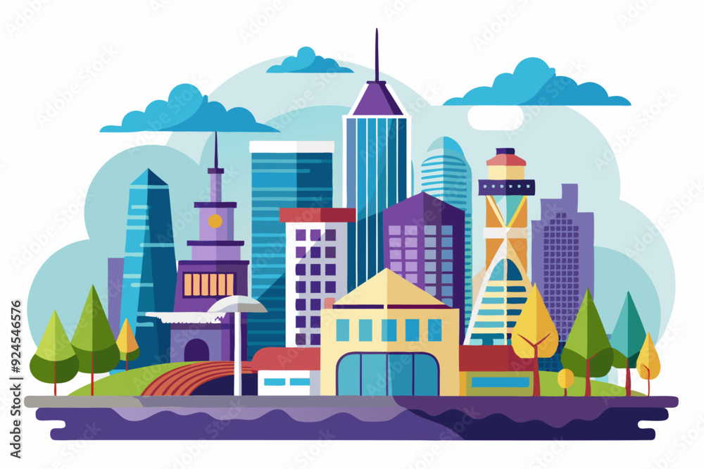 Obraz premium Modern Cityscape with Skyscrapers and Trees