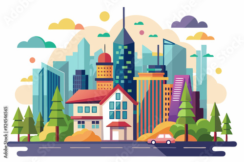 A Colorful Cityscape with a House, Trees, and a Car