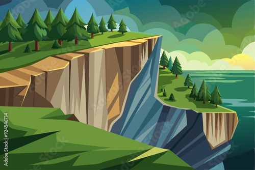 A Cliffside View of a Verdant Landscape With a Distant Ocean