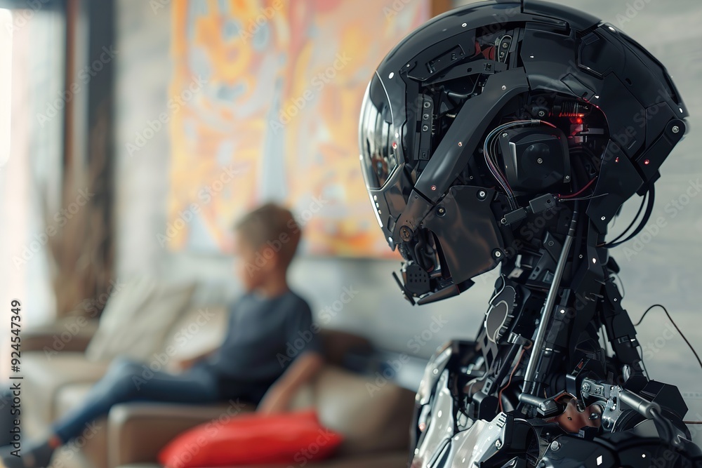 Futuristic robotic nanny gazes forward while a child plays in blurred background of a modern home. This image illustrates the intersection of technology and caregiving. Futuristic robotic nanny gazes forward while a child plays in blurred background of a modern home. This image illustrates the intersection of technology and caregiving.