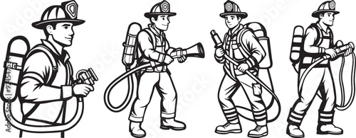 Cartoon Characters Fireman Set. with hose and Backpack holding Water Gun Sprayer, Silhouette, Black and White Outline Collection. Isolated, Vector illustration photo