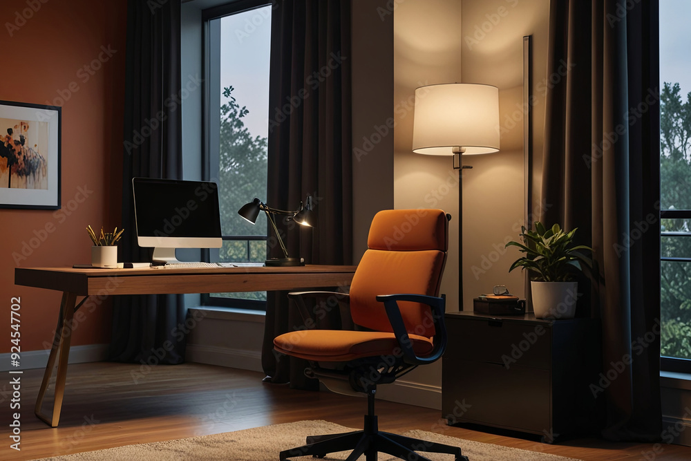 Sleek modern computer desk setup with dual monitors in a warmly lit room, featuring a dark wood finish Sleek modern computer desk setup with dual monitors in a warmly lit room, featuring a dark wood finish
