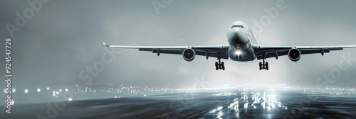 International Civil Aviation Day. Airplane landing at night on a wet runway. Horizontal banner. Free space for text. For poster, card, travel agencies, vacation promotions, airline technology websites photo