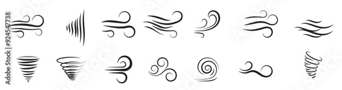 Wind icons nature, wave flowing, cool weather, climate and motion, vector illustration