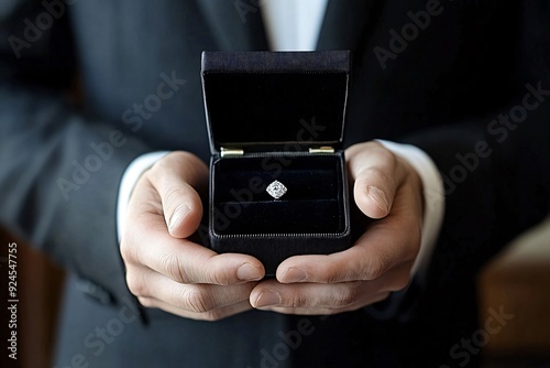 Groom is holding an engagement ring in a velvet black box