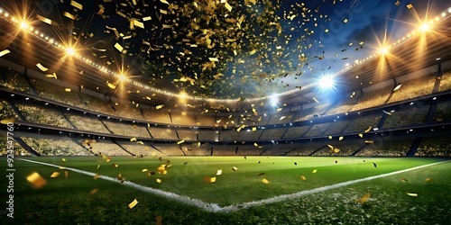 Confetti raining down on a packed football stadium.