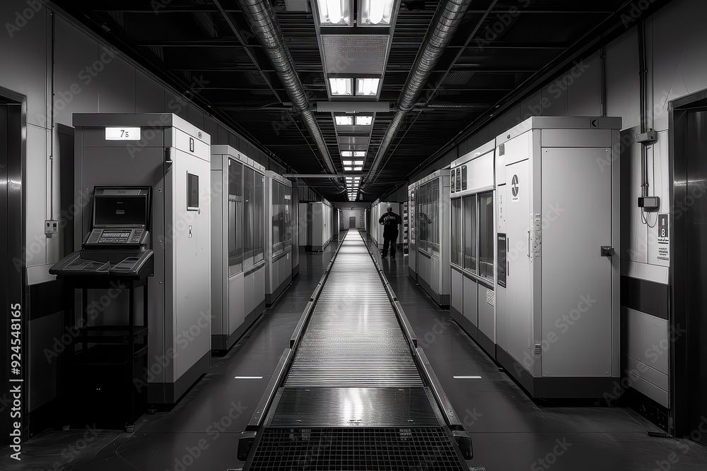 Depicts the stillness and inactivity of a security checkpoint, highlighting the absence of travelers and the heightened sense of security. Depicts the stillness and inactivity of a security checkpoint, highlighting the absence of travelers and the heightened sense of security.