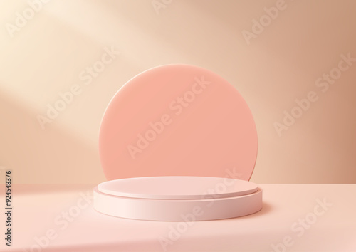 Minimalist 3D Soft Pink Podium with Circle Backdrop and Soft Lighting, Elegant and Feminine Design for Beauty Product Displays, Jewelry Mockups, Showrooms