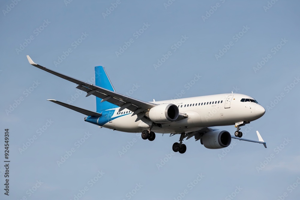 White Commercial Airplane Side View Flying Isolated on White Background
