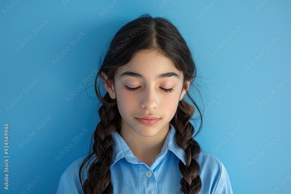 A girl with long hair and a blue shirt is sitting with her eyes closed A girl with long hair and a blue shirt is sitting with her eyes closed
