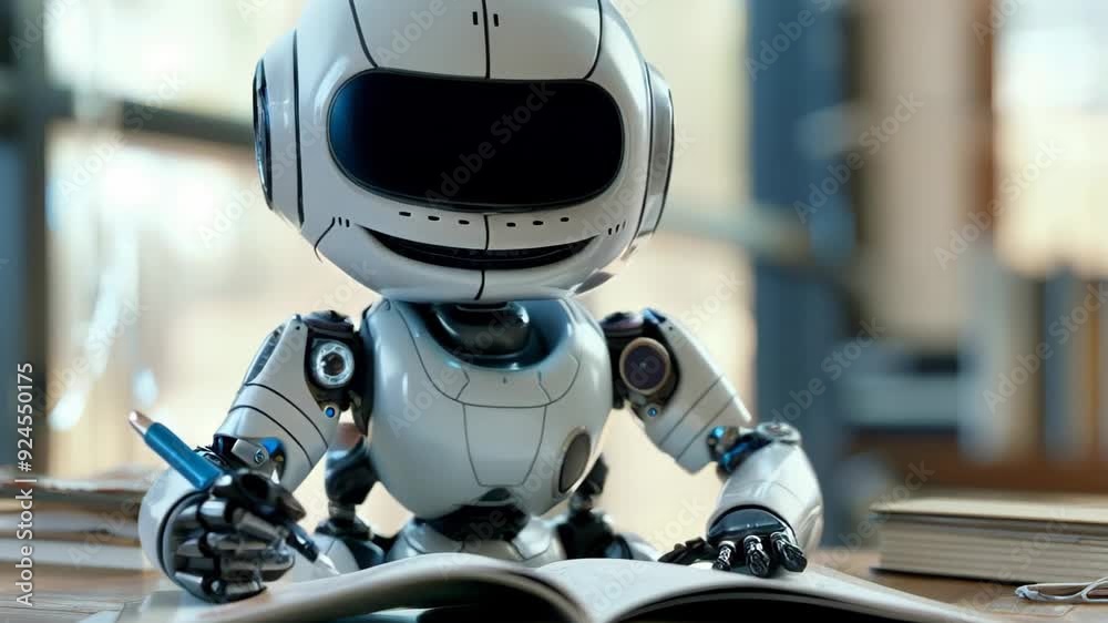 A charming humanoid robot is seen diligently working or studying at a desk, with a focus on completing tasks, showcasing the blend of advanced technology and friendly design. A charming humanoid robot is seen diligently working or studying at a desk, with a focus on completing tasks, showcasing the blend of advanced technology and friendly design.