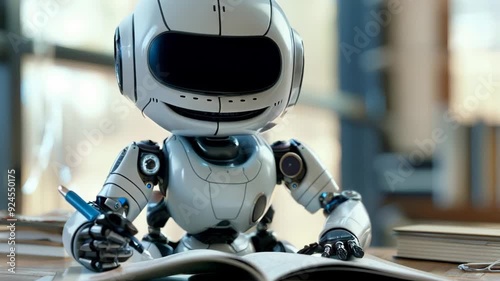 A charming humanoid robot is seen diligently working or studying at a desk, with a focus on completing tasks, showcasing the blend of advanced technology and friendly design.