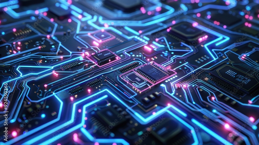 Circuit Board Abstract with Glowing Lines and Components Circuit Board Abstract with Glowing Lines and Components