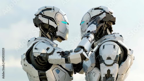 A profound scene depicting two advanced futuristic robots engaging in an intimate, almost human-like gesture, illustrating strong emotions and connection within the realm of artificial intelligence.