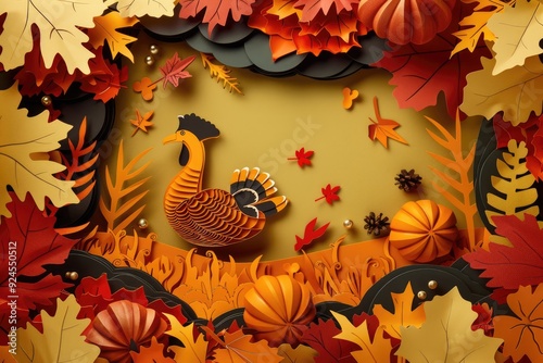 A banner designed to look like 3D paper cutouts, with layered elements of turkeys, leaves, and pumpkins, giving a sense of depth and creativity photo