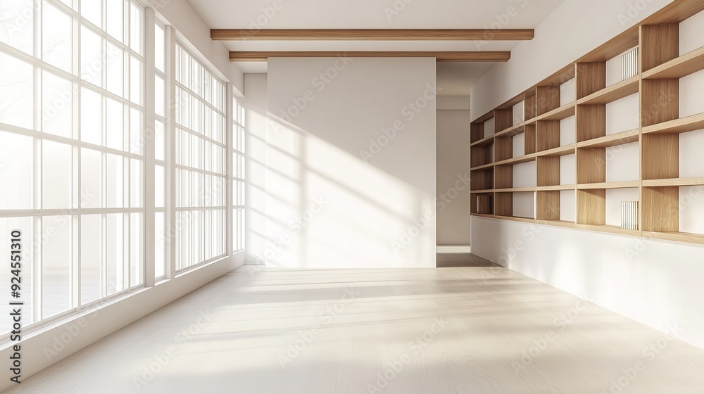 A minimalist modern office with wooden shelves, white walls, and large windows. A bright and open workspace, 3D rendering A minimalist modern office with wooden shelves, white walls, and large windows. A bright and open workspace, 3D rendering
