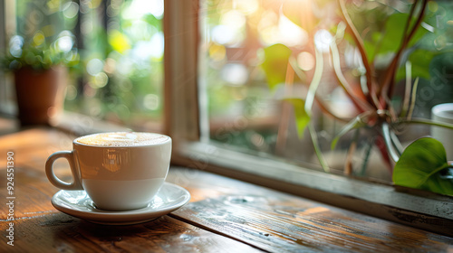 Cup of coffee on a rustic wooden table by the window