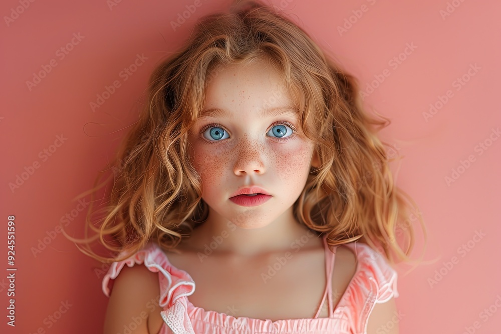 A young girl with blue eyes and red hair is wearing a pink dress A young girl with blue eyes and red hair is wearing a pink dress