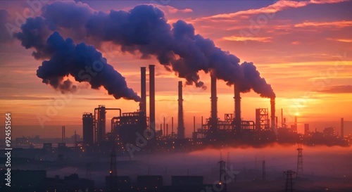 The ecological problem of environmental and air pollution in large cities. View of a large factory with smoking chimneys