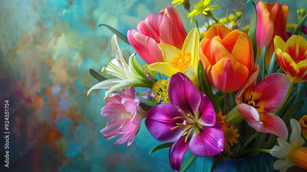 Artistic depiction of a spring bouquet with mixed flowers including tulips, lilies, and daffodils Artistic depiction of a spring bouquet with mixed flowers including tulips, lilies, and daffodils