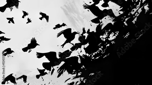 Abstract graphic representation of a flock of crows and ravens flying to a dark corner