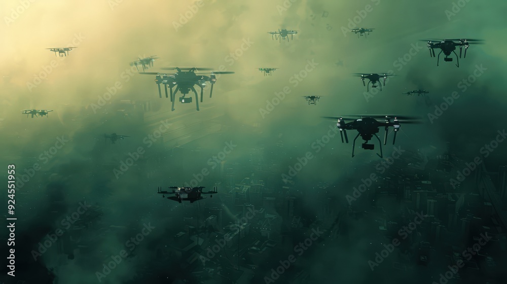 Artistic depiction of a swarm of robotic drones, showing their coordination and communication for tasks such as aerial surveillance Artistic depiction of a swarm of robotic drones, showing their coordination and communication for tasks such as aerial surveillance