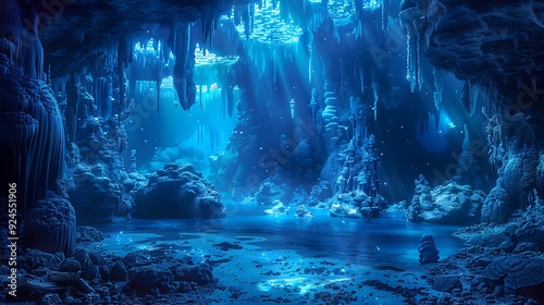 A beautiful mystical cavern aquarium showcasing intricate cave formations, sharp stalactites, and glowing nocturnal fish. The soft lighting creates a serene and magical underwater environment.