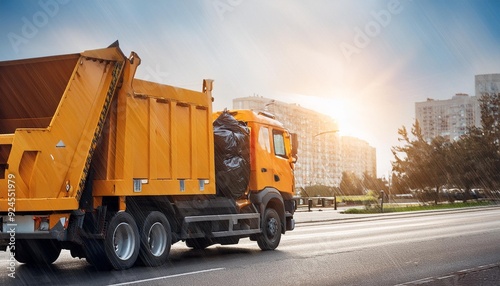 Obraz na płótnie Garbage collection with garbage truck in the city w salonie