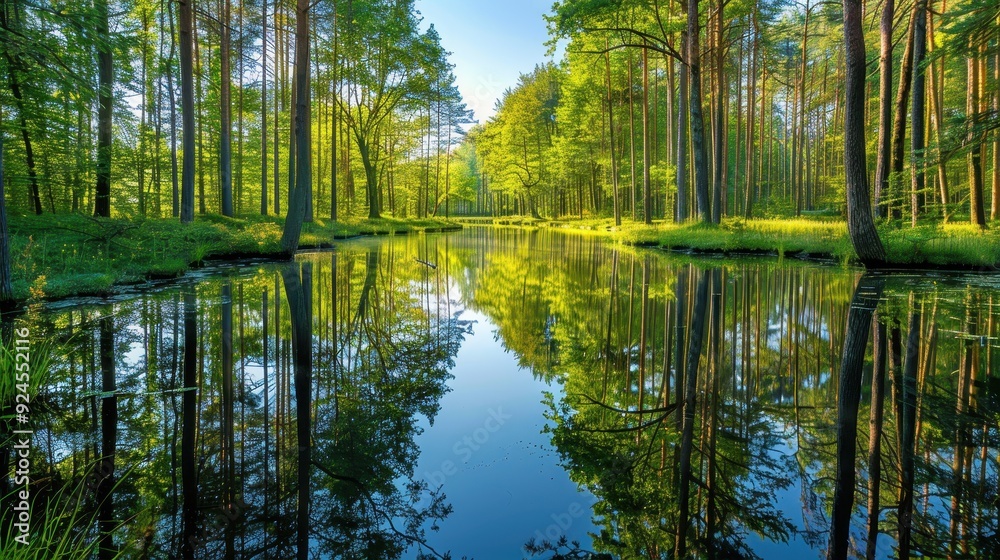 Obraz premium Sunlight filters through tall trees, casting reflections on the calm waters of the lake