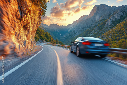 Low angle bumper view of a car speeding in the mountains