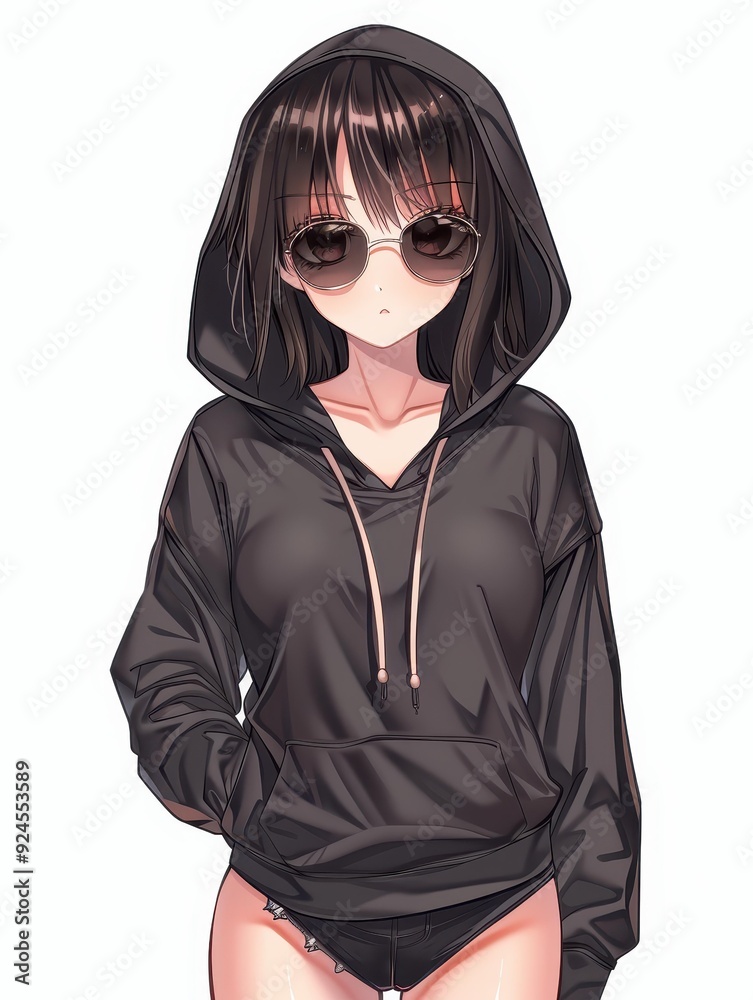 A cool anime girl dons a sleek black hoodie and shades, exuding style and mystery in a vibrant urban backdrop. A cool anime girl dons a sleek black hoodie and shades, exuding style and mystery in a vibrant urban backdrop.