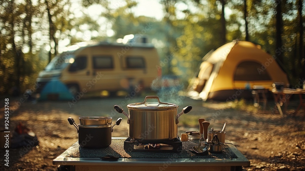 Organized camp kitchen setup with van and tent. Organized camp kitchen setup with van and tent.
