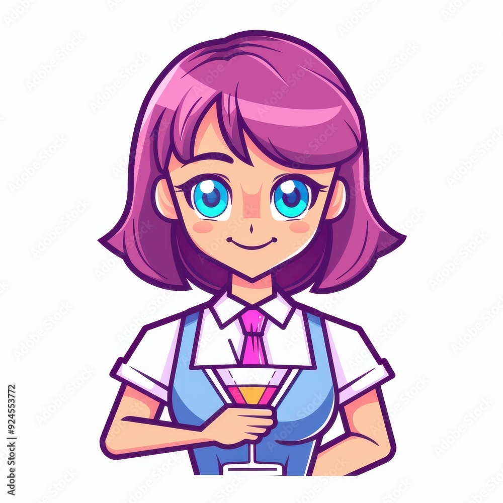 A cute, whimsical barwoman illustration featuring bold outlines and bright flat colors in a simple style. A cute, whimsical barwoman illustration featuring bold outlines and bright flat colors in a simple style.