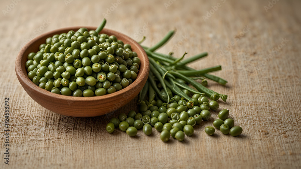 Top view of Wooden Spoon with Scoop of Green Mung Beans also known as Green Gram.
Top view of Wooden Spoon with Scoop of Green Mung Beans also known as Green Gram.