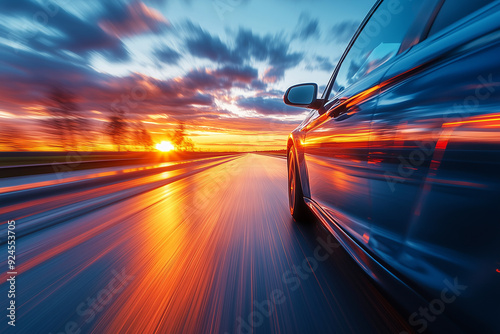 Low angle view of a sports car speeding against a background of colorful sunset, with motion blur effect