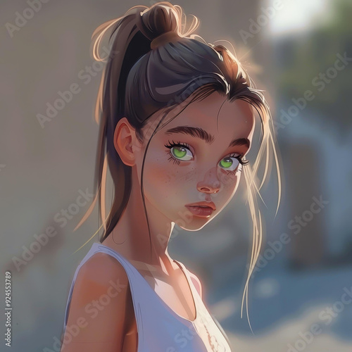 A vibrant cartoon illustration of a yearold girl with light brown hair in a ponytail and captivating graygreen eyes. photo