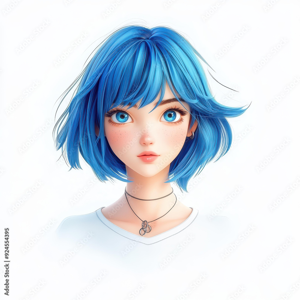 A vibrant 3D animation depicts a girl with striking blue hair, gazing directly at the viewer against a clean white background. A vibrant 3D animation depicts a girl with striking blue hair, gazing directly at the viewer against a clean white background.