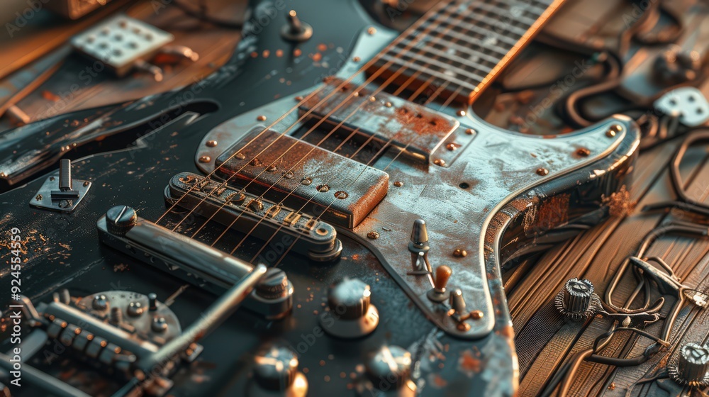 Artistic depiction of the invention of the electric guitar, including its pickups, amplifier, and fretboard design. Artistic depiction of the invention of the electric guitar, including its pickups, amplifier, and fretboard design.