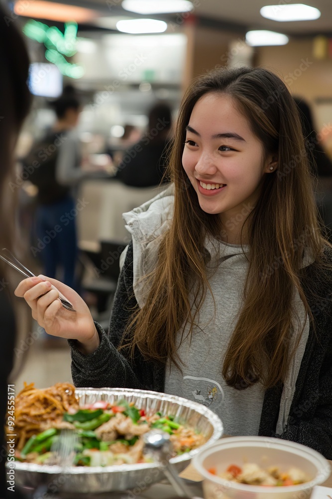 Exchange students trying local cuisine in a school cafeteria. They are excited and discussing the food